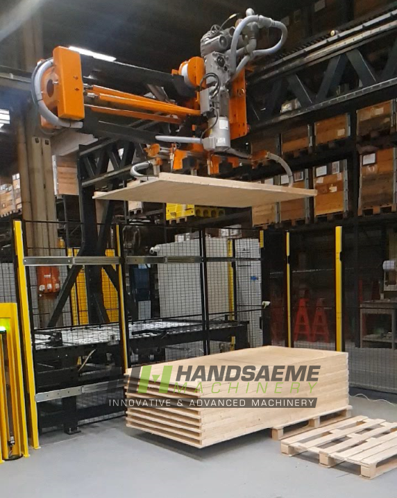 Manipulator stacking pallets at height