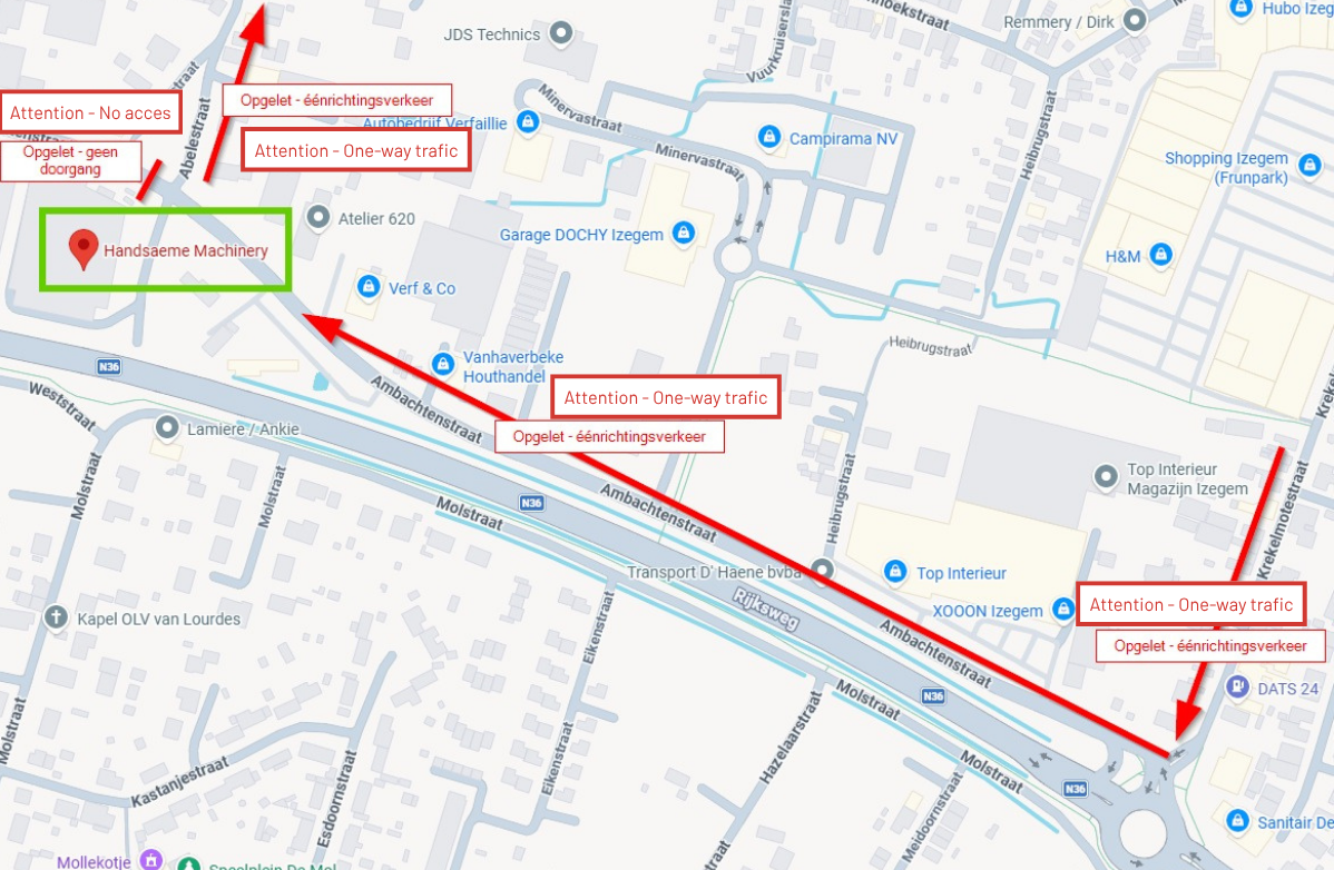 Map showing the traffic detour to Handsaeme Machinery in Izegem during the roadworks on Ambachtenstraat, with the access route via the N36 roundabout and Ambachtenstraat.
